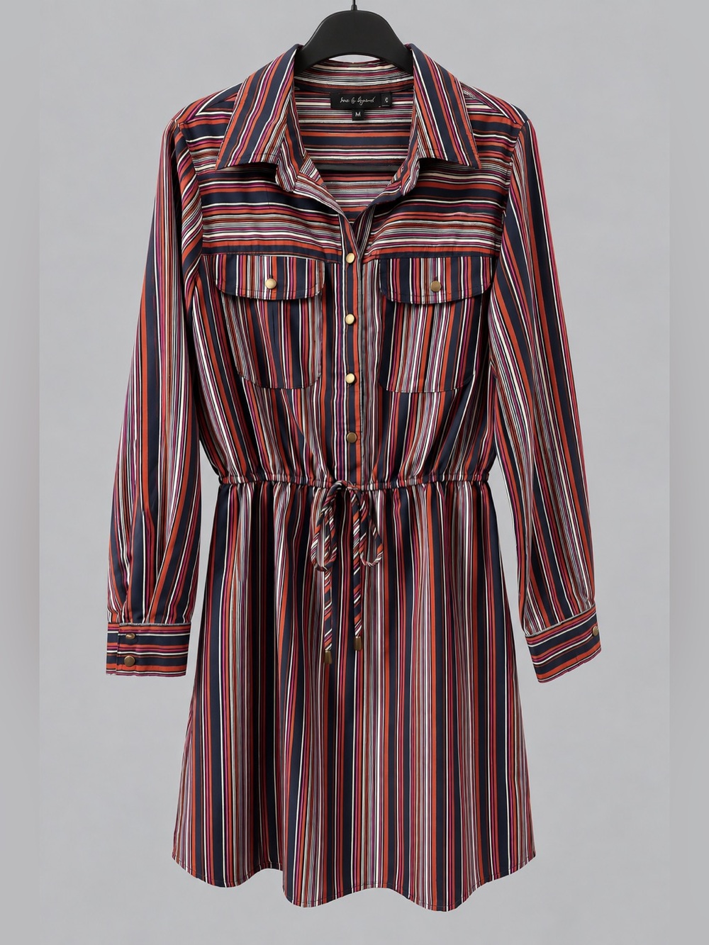 BeBop Striped Shirt Dress Medium Button Front Drawstring Waist Pockets - Picture 2 of 6